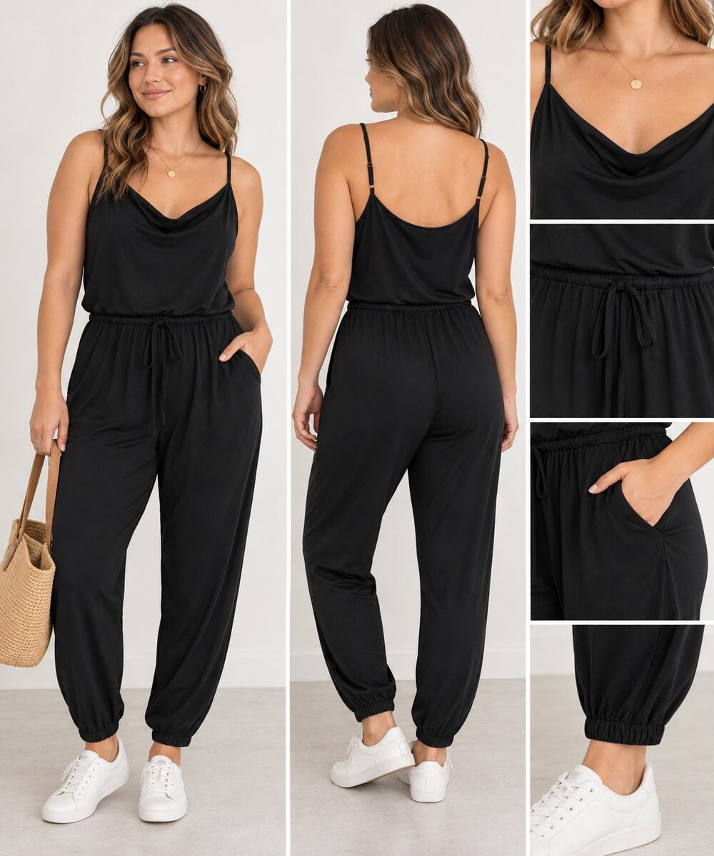 Nine Britton Black Cowl Neck Jumpsuit Large Petite LP NWT Drawstring Jogger